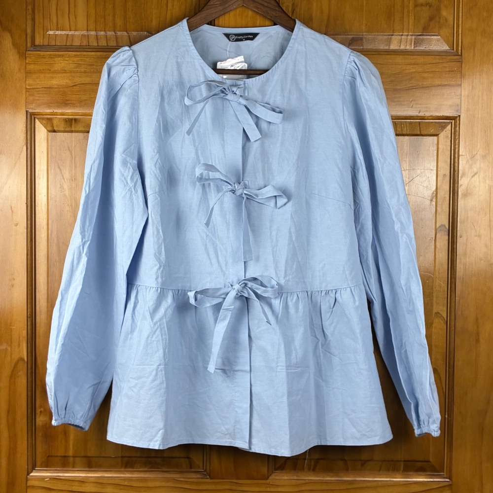 Triple Bow Front Peplum Blouse Light Blue Long Sleeve Sz M Cottagecore Boho
